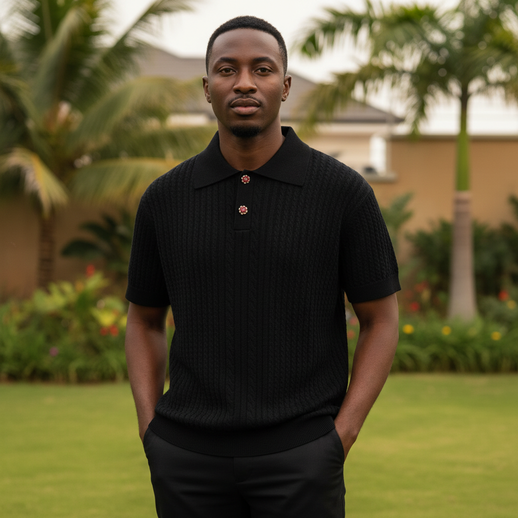 Black Knit Polo Shirt – Nigerian male model front view