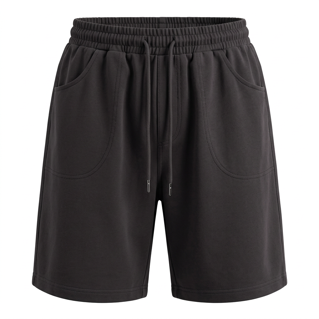 Charcoal drawstring shorts with elastic waist and curved pockets