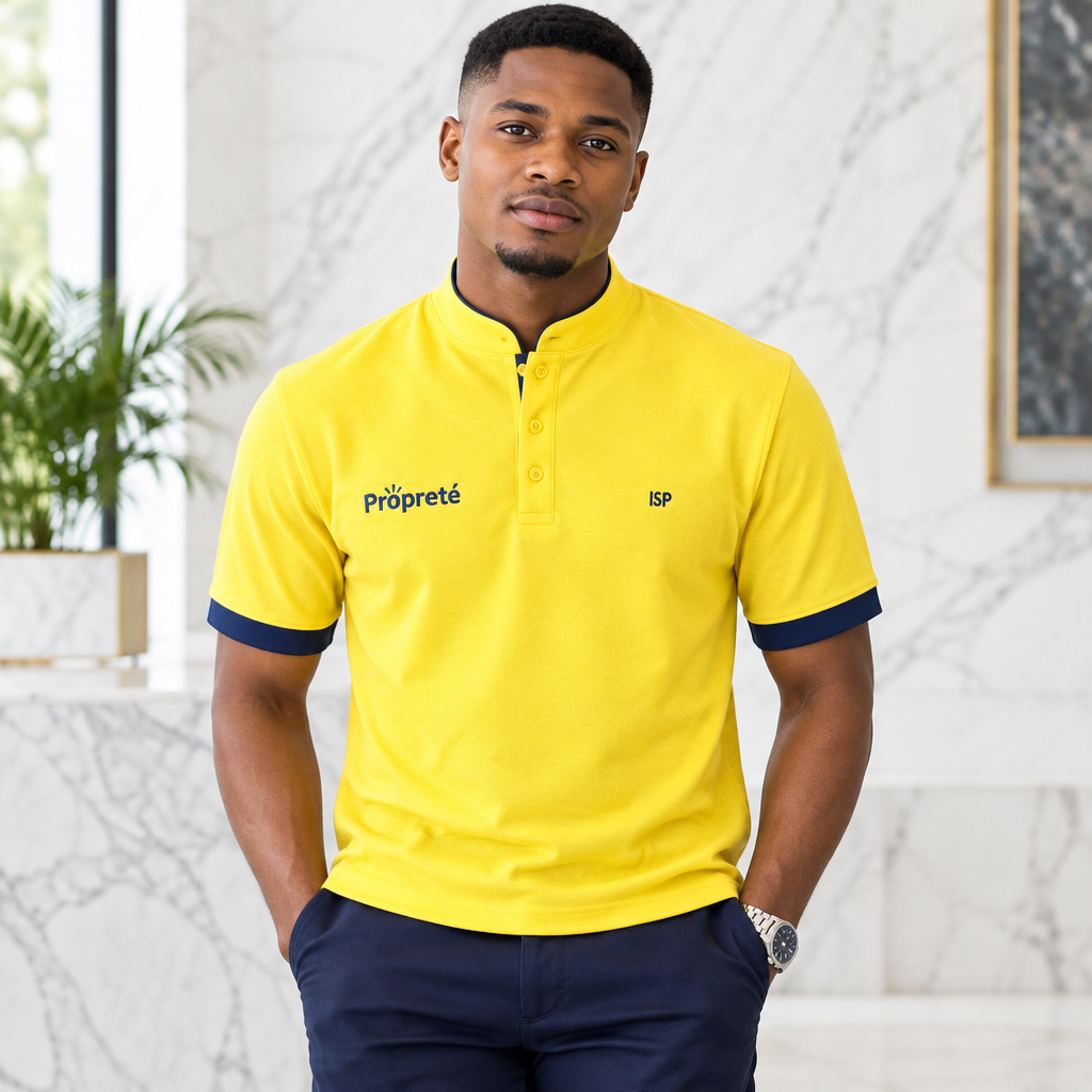 Yellow Mandarin Collar Polo Shirt Navy Trim – Model Shot