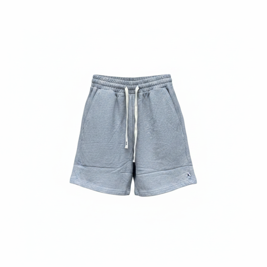 Men's heather grey classic fleece sweat shorts — ghost mannequin front view