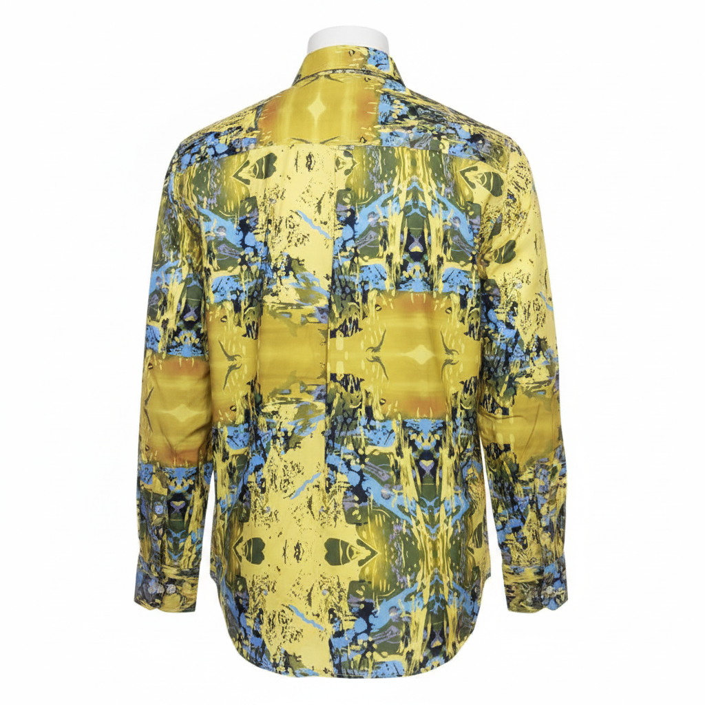 Yellow abstract print long-sleeved shirt ghost mannequin back view