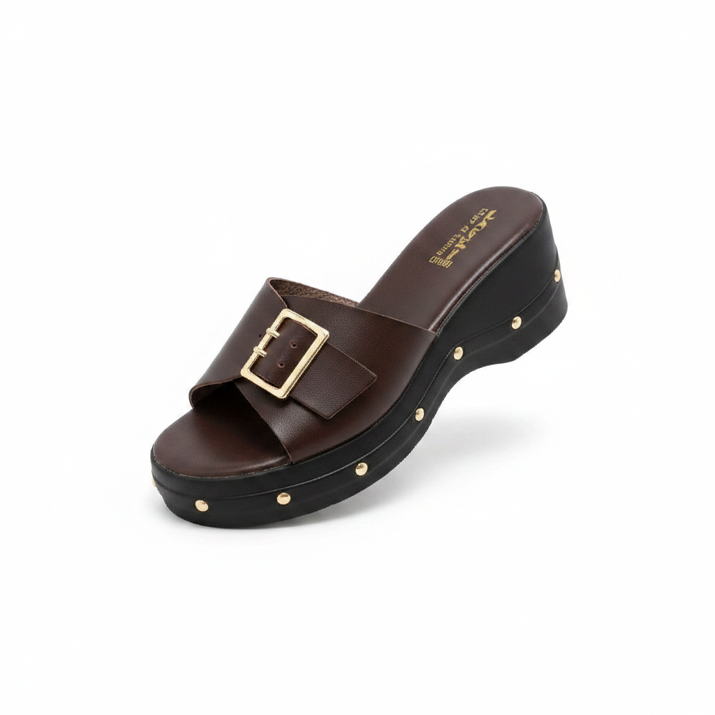 Women's coffee dark brown buckle strap platform wedge slide slipper — ghost mannequin view