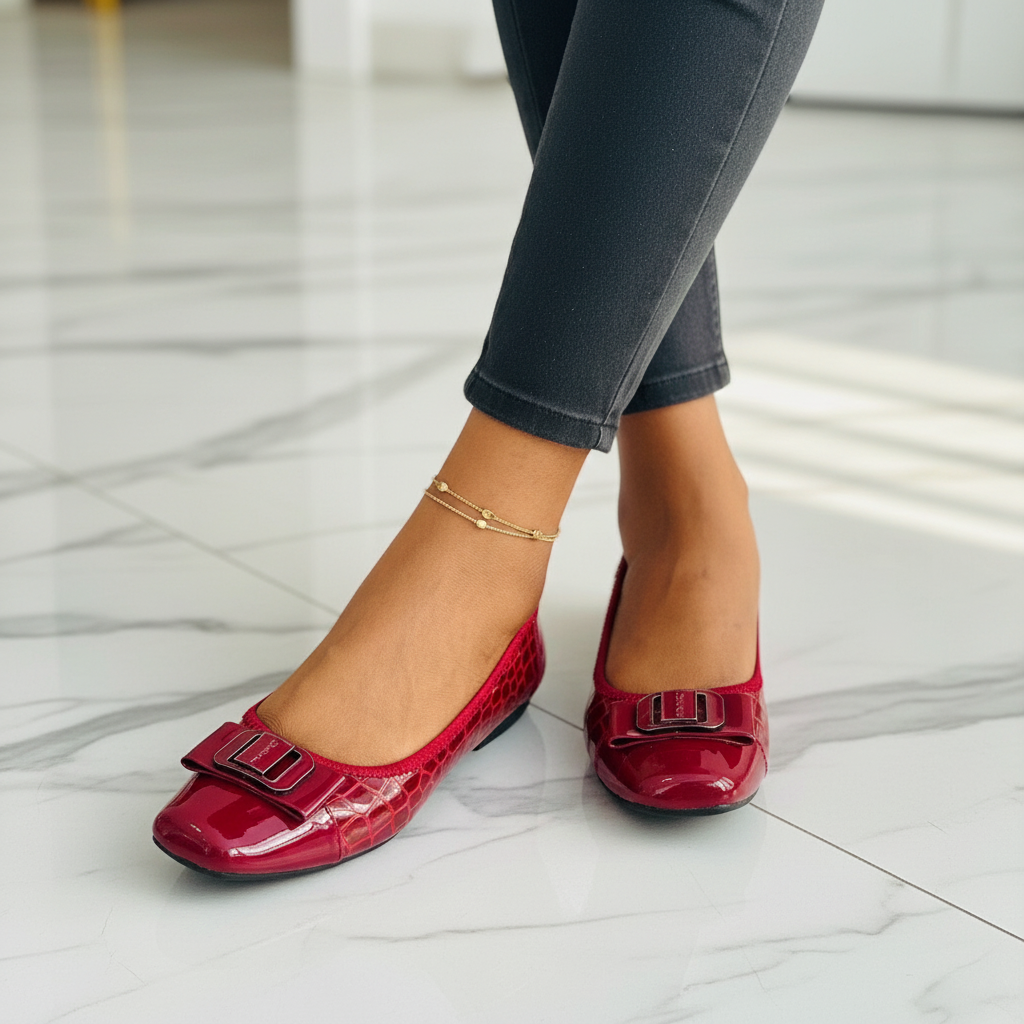 Layinka Store Red Croc Patent Square-Buckle Ballet Flats – Model Shot