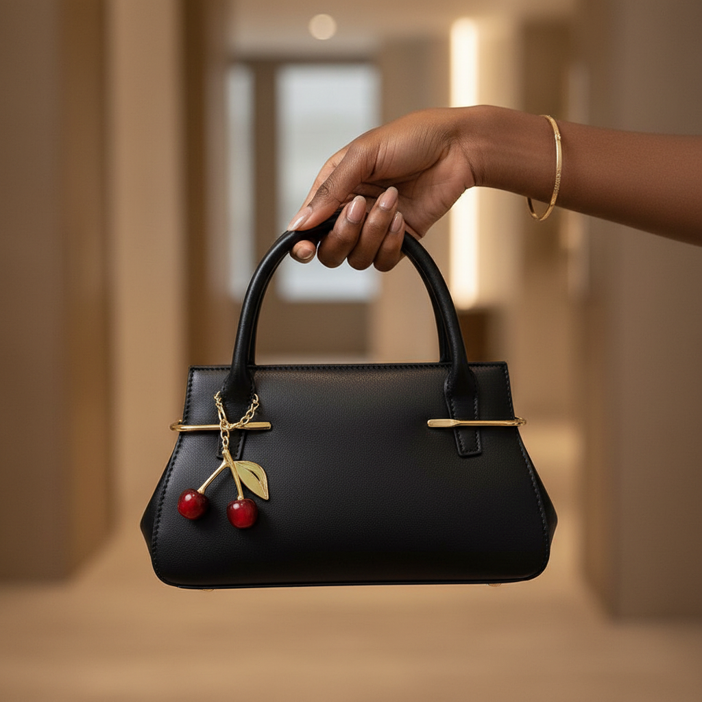 Black Nigerian woman holding black leather mini handbag with red cherry charm
