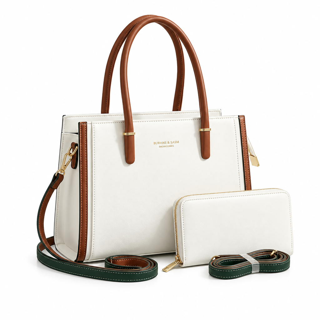 Ivory tote with brown trim matching wallet and detachable straps