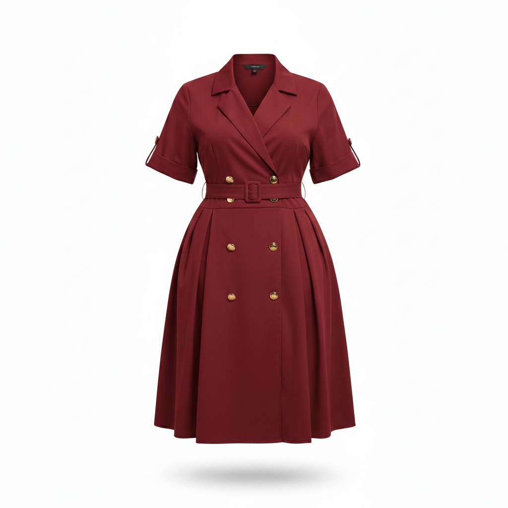 Women's burgundy double-breasted midi shirt dress – ghost mannequin view