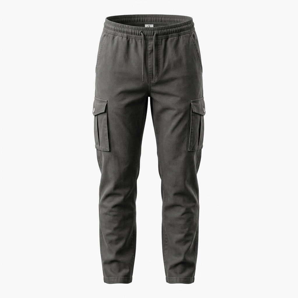Charcoal cargo trousers in three-dimensional invisible mannequin standing shape on white background