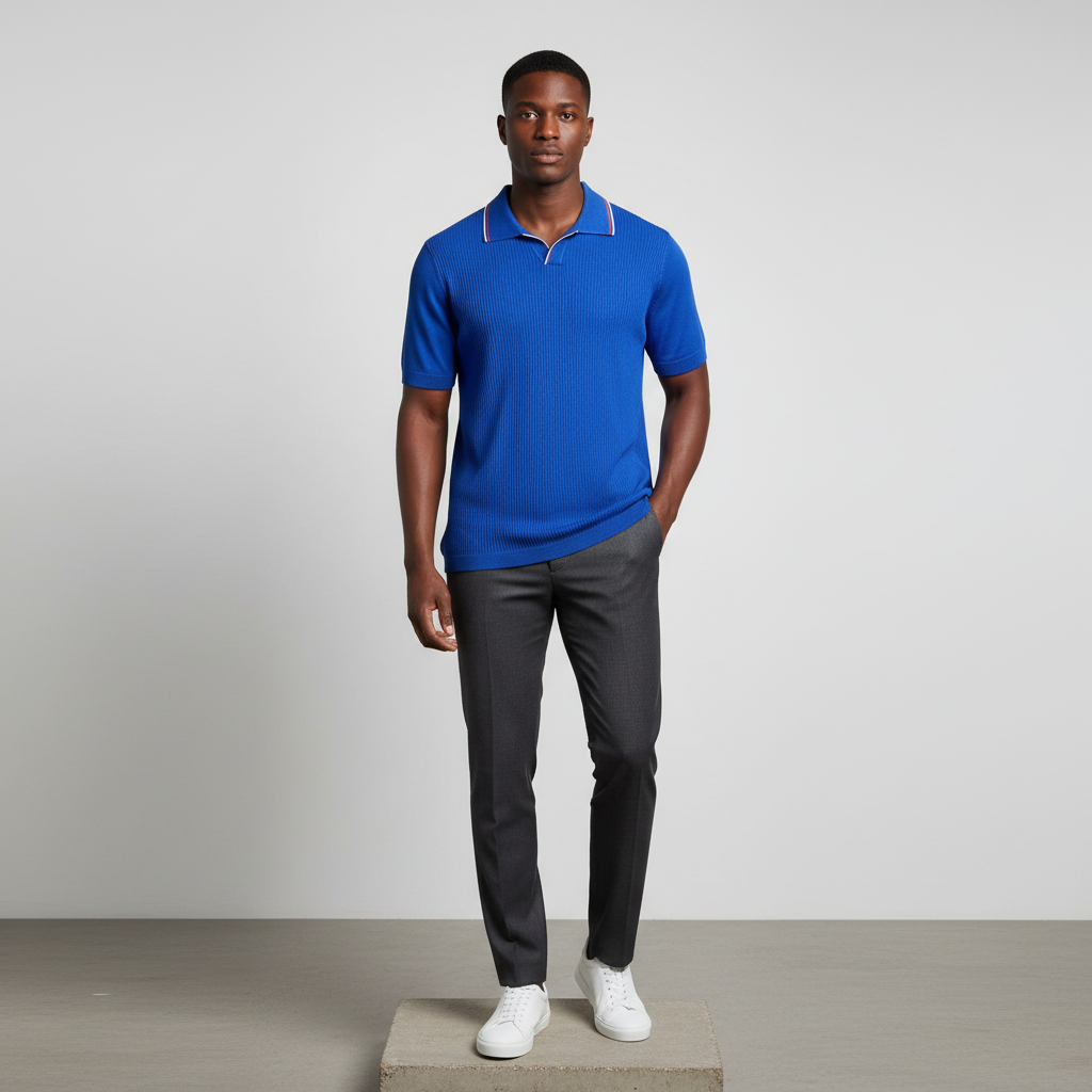 Royal Blue Ribbed Knit Tipped Polo Shirt - Model Front