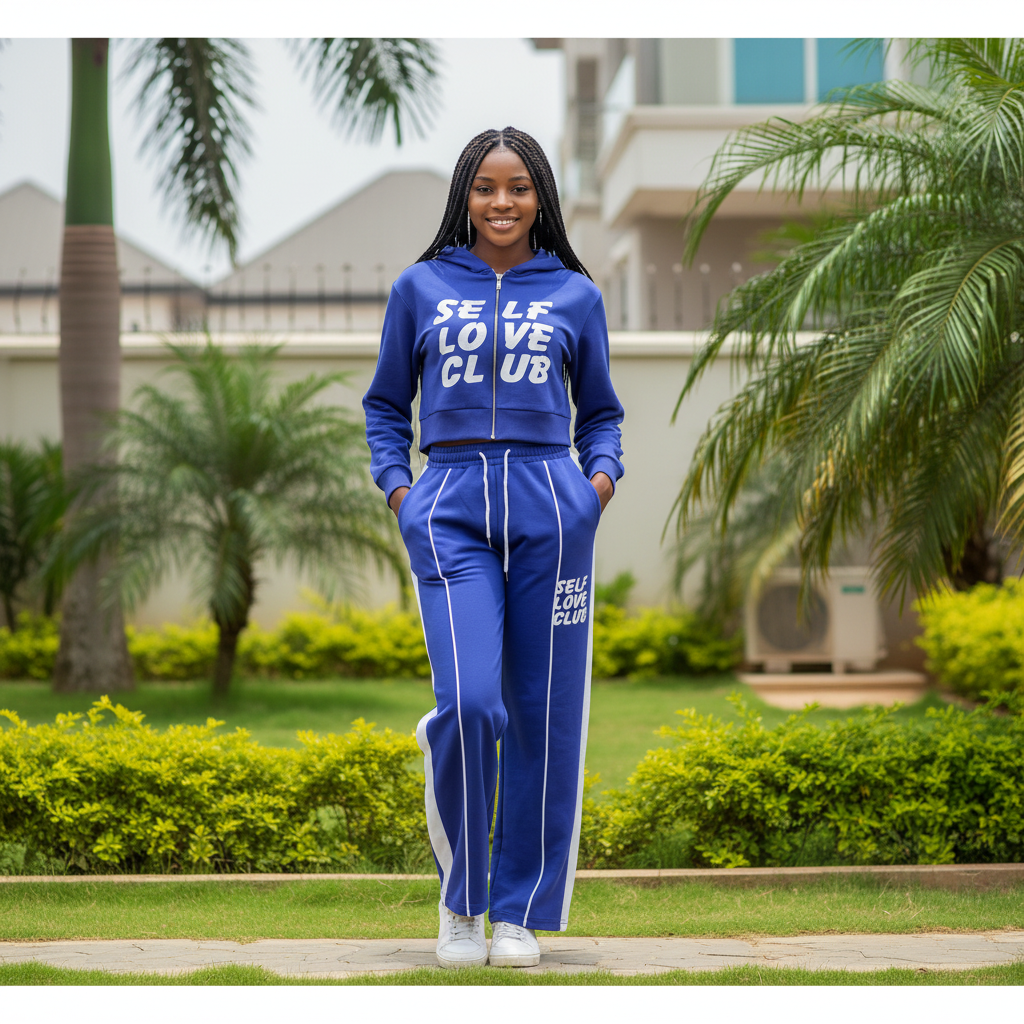 Nigerian female model wearing royal blue Self Love Club graphic tracksuit co-ord set
