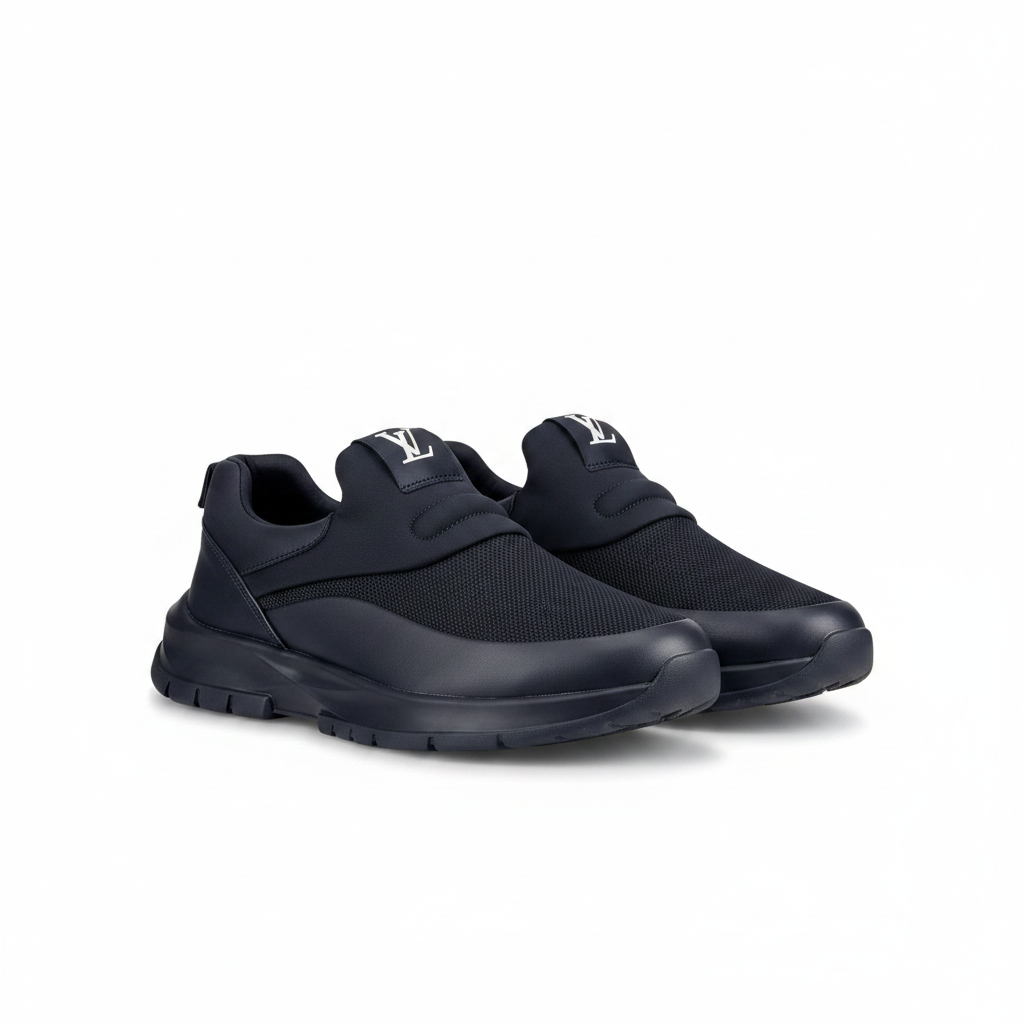 Men's dark navy mesh and leather slip-on sneakers pair product shot