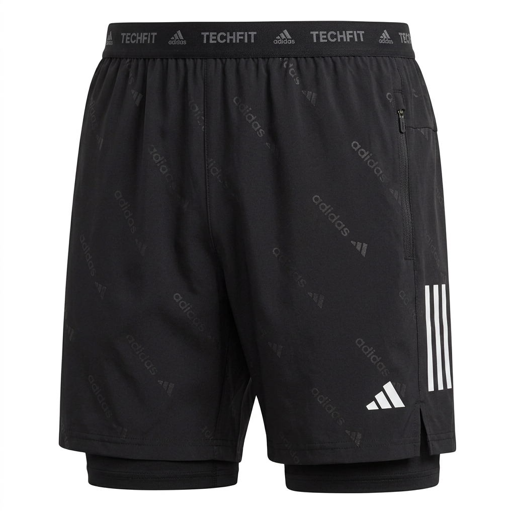 Black tonal-print layered training shorts ghost mannequin on white