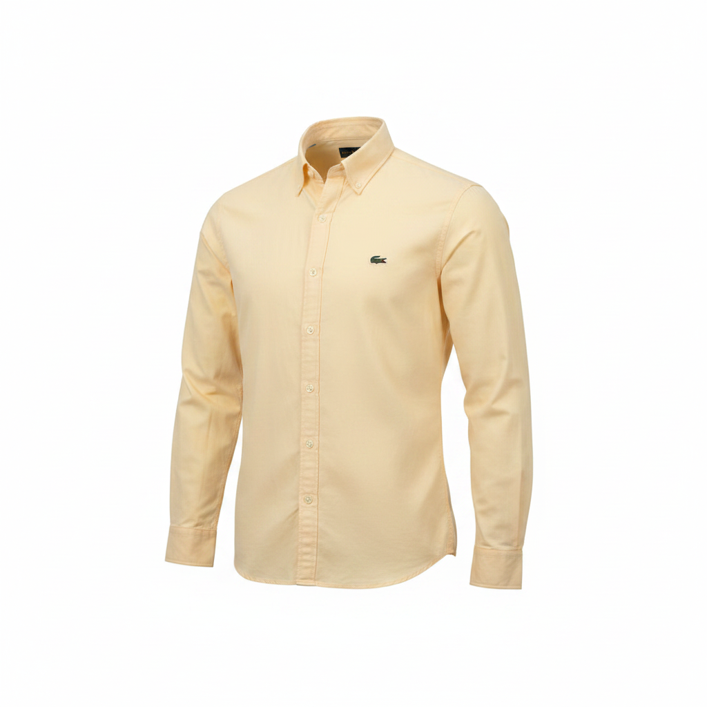 Men's pale lemon yellow long-sleeve button-down casual shirt on ghost mannequin, white background