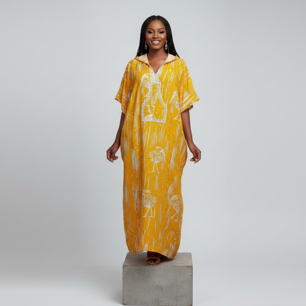 Nigerian female model wearing Mustard Adire Bird Print Hooded Long Bubu Gown