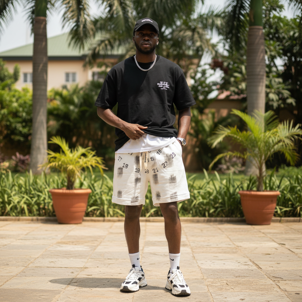 Nigerian male model wearing off-white number print distressed sweat shorts — full body streetwear shot