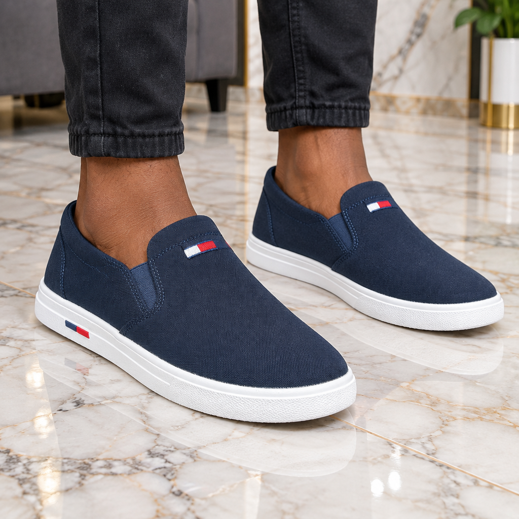 Both navy slip-on sneakers worn on indoor marble floor