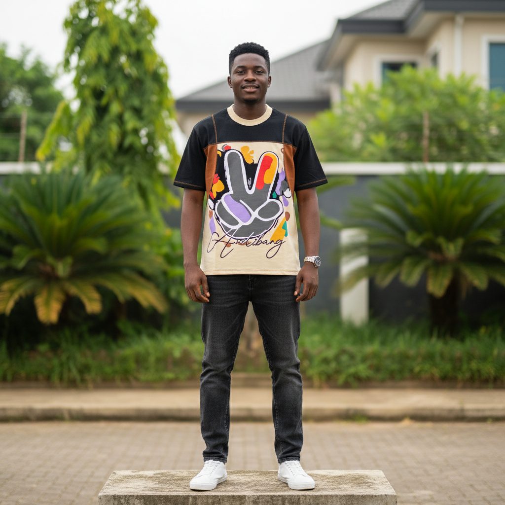 Men's Black & Cream Peace Sign Graphic T-Shirt – Nigerian Male Model Shot