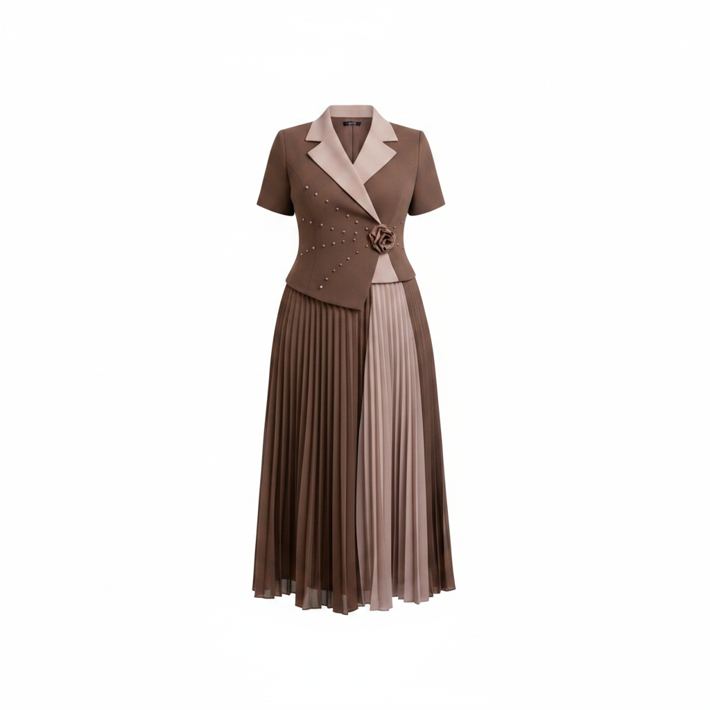 Two-tone brown and taupe pleated midi gown, ghost mannequin view, chocolate brown blazer-style top with taupe pleated skirt