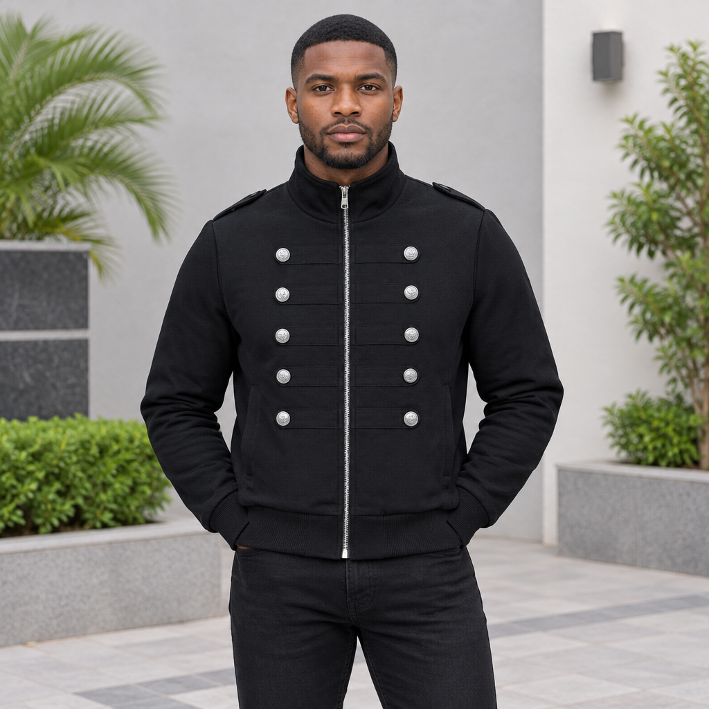 Men's black button-detail zip jacket on Black Nigerian model