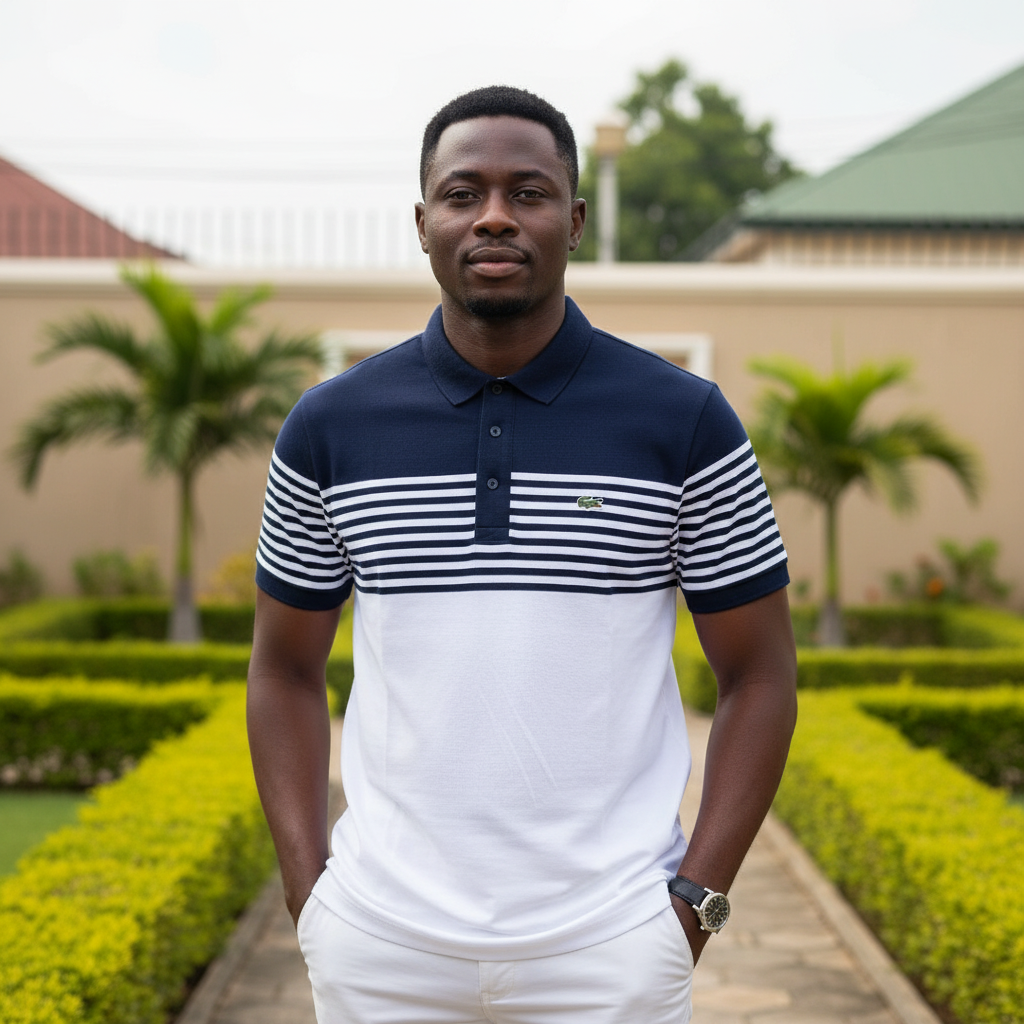 Nigerian male model wearing men's white and navy colour-block striped polo shirt, garden setting