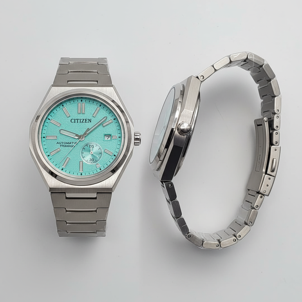 Mint turquoise dial automatic titanium watch front and side ghost mannequin view
