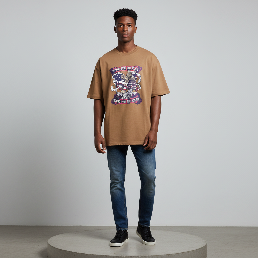 Camel Patriotic Cross Graphic Short-Sleeved Shirt - Model Front