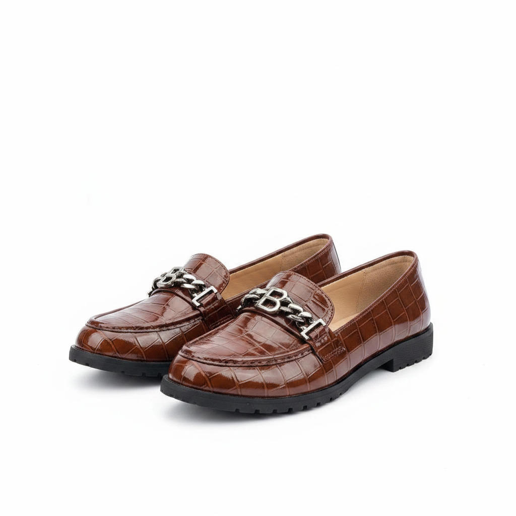 Layinka Store Brown Croc Patent Letter-Chain Loafers – Catalog Shot