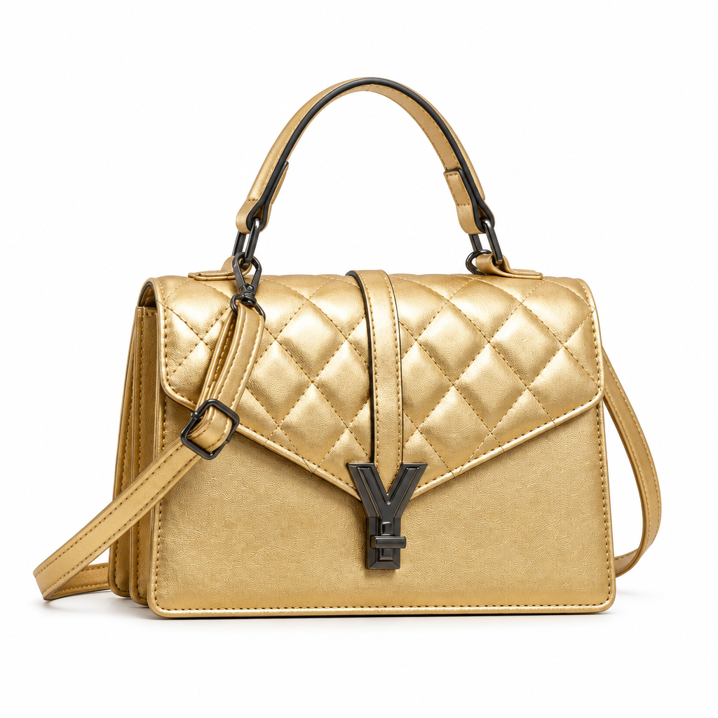 Metallic gold quilted top-handle handbag with dark clasp and long strap