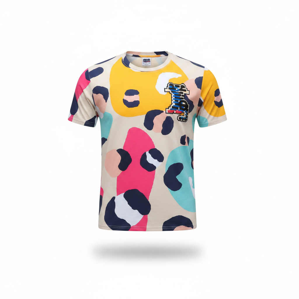 Men's multicolour abstract camo spot print t-shirt with chest graphic ghost mannequin view