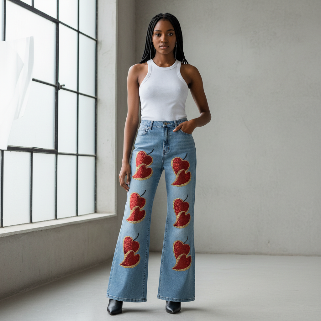Nigerian female model wearing light blue heart patch flare jeans front view