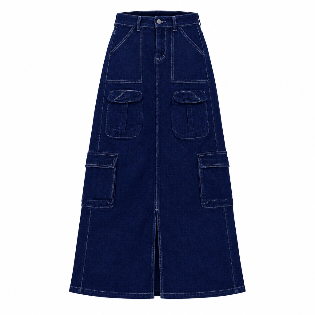 Dark indigo multi-pocket denim cargo skirt ghost mannequin front view