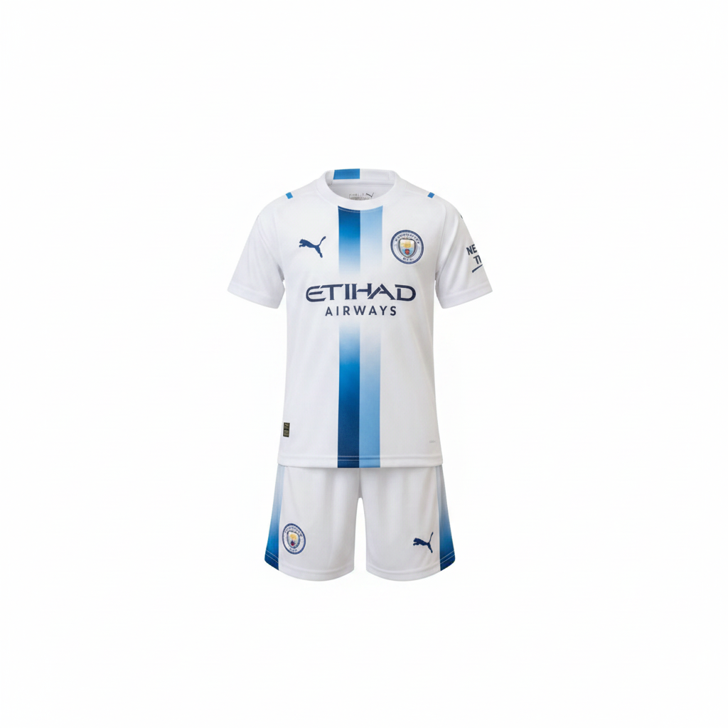 Kids' white & sky blue stripe football jersey set – ghost mannequin front view on white background