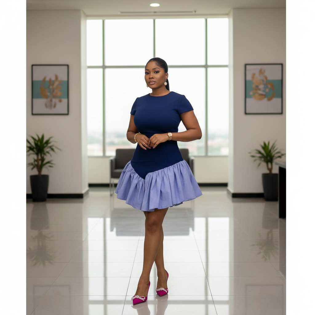 Nigerian female model in corporate office setting wearing Women's Navy & Periwinkle Ruffle-Skirt Short-Sleeve Two-Tone Mini Dress