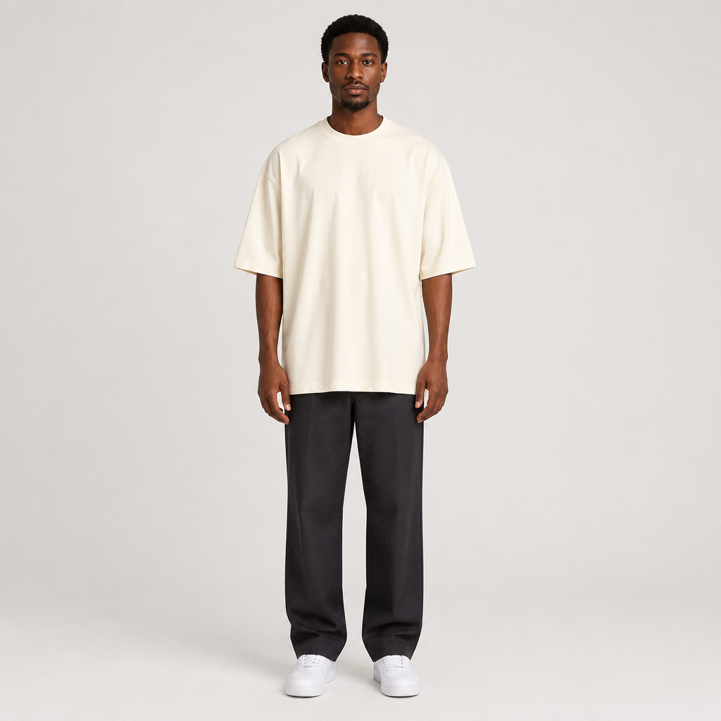 Black adult model wearing plain ivory relaxed T-shirt