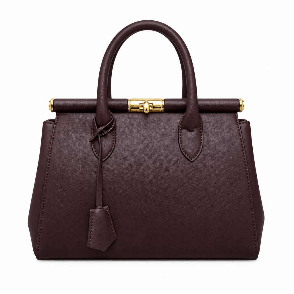 Dark brown structured top-handle handbag with gold-tone clasp