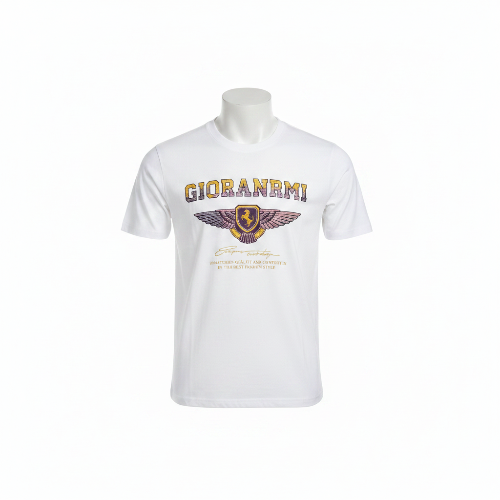 Ghost mannequin front view of white winged shield crest collegiate T-shirt