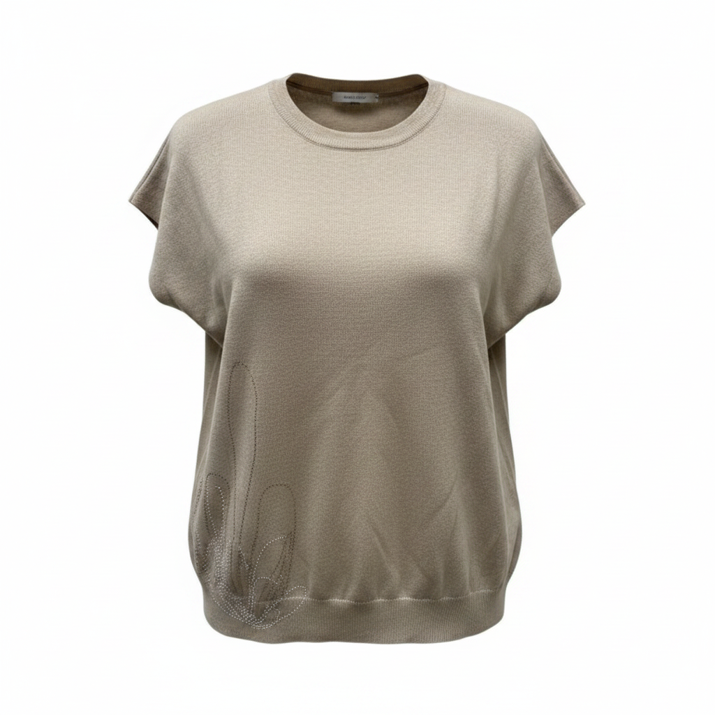 Girls beige rhinestone knit cap-sleeve top ghost mannequin front view