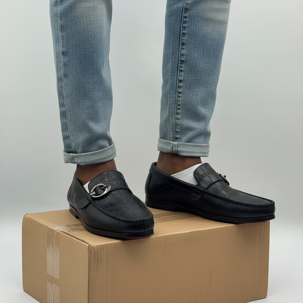 Men's Black Croc-Embossed Leather Silver Ring Buckle Red-Sole Loafers – Leg Model Shot