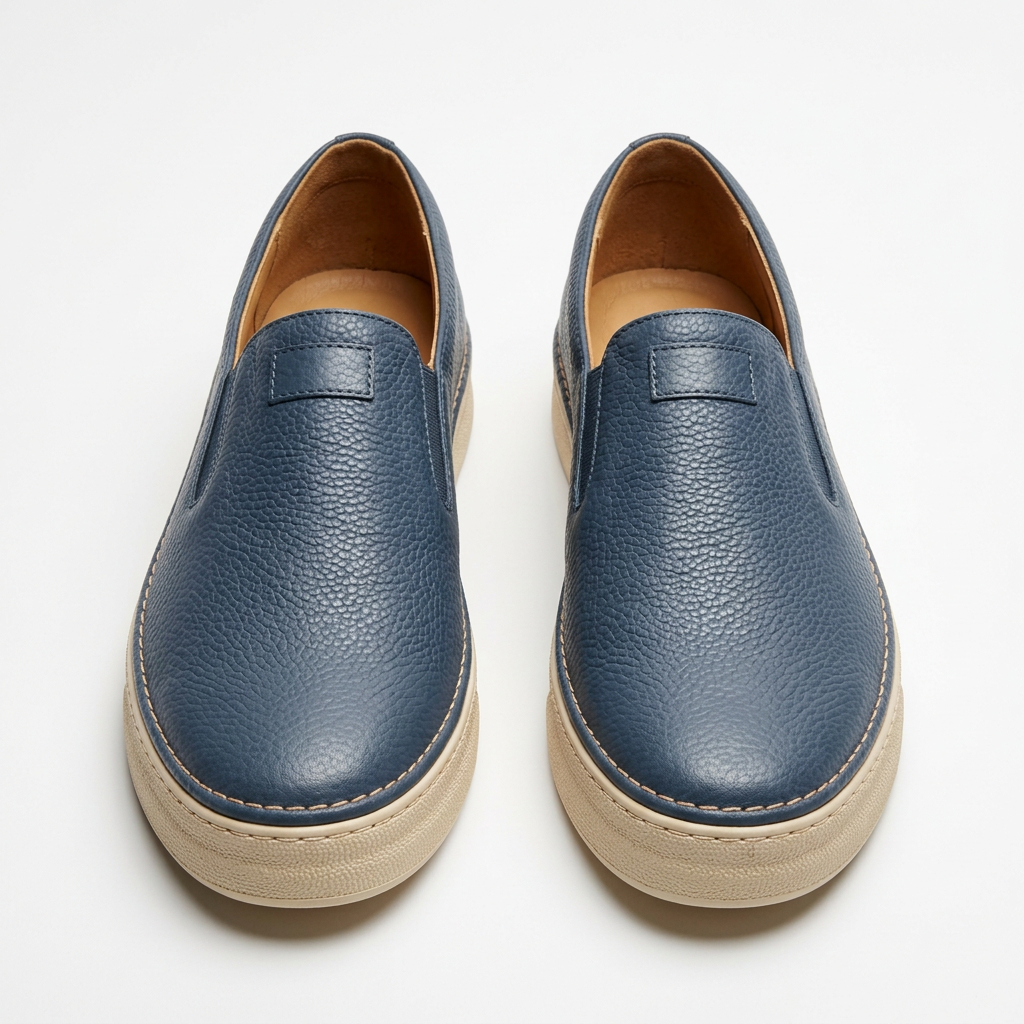 Slate blue pebbled slip-on shoe pair with cream soles and tan interiors