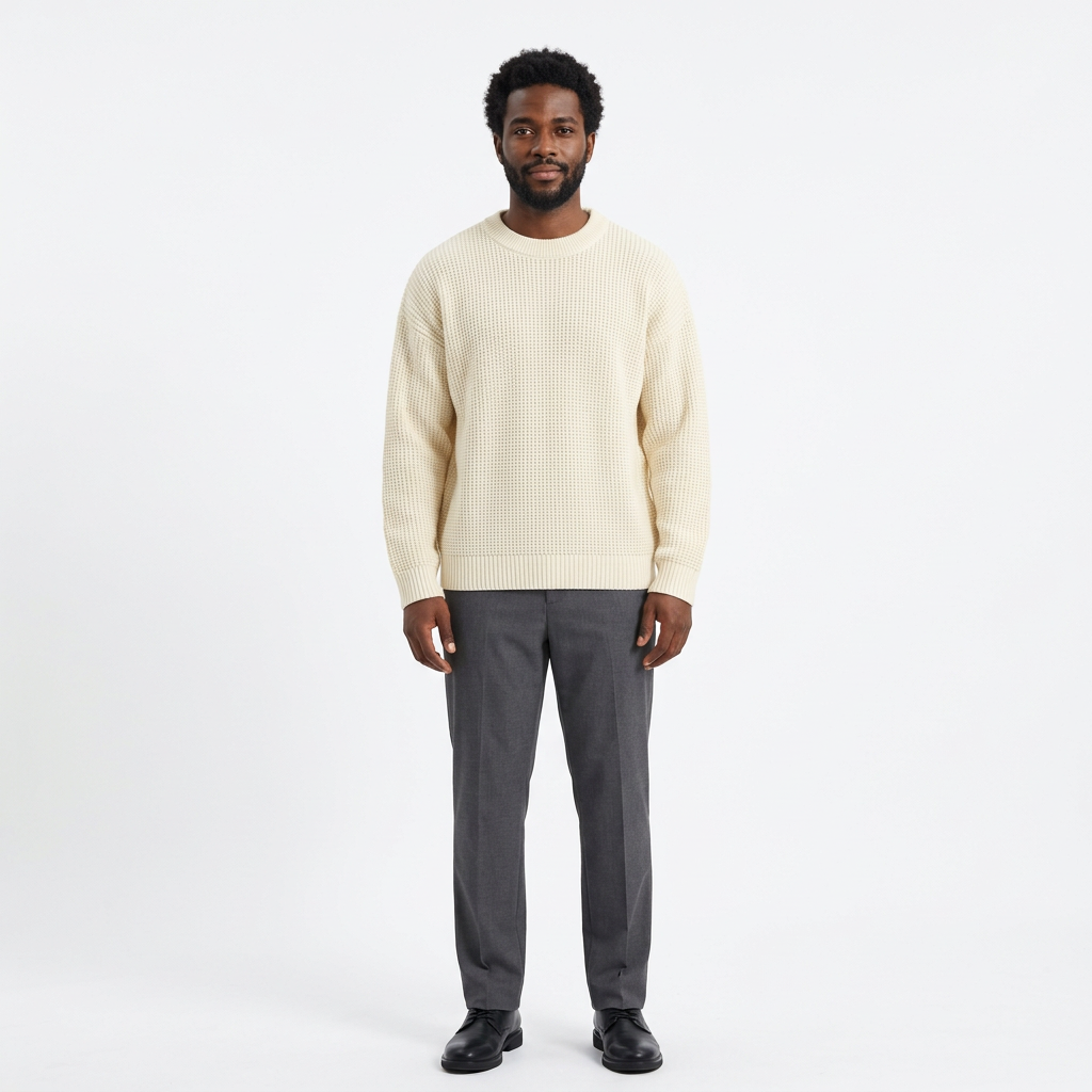 Full-body male model wearing a cream textured crew-neck knit sweater