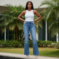 Tribal Print High-Waist Bootcut Flare Jeans - Model Front View