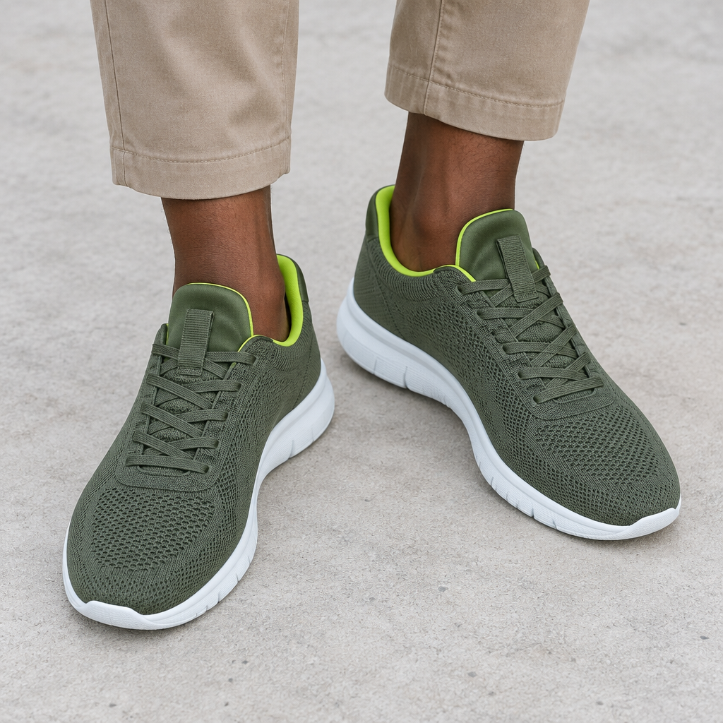 Men's olive green knit lace-up sneakers with white soles worn on both feet
