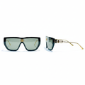 Unisex oversized shield visor sunglasses with black brow bar, gold logo hardware and grey-green lens – front and side ghost mannequin view on white background