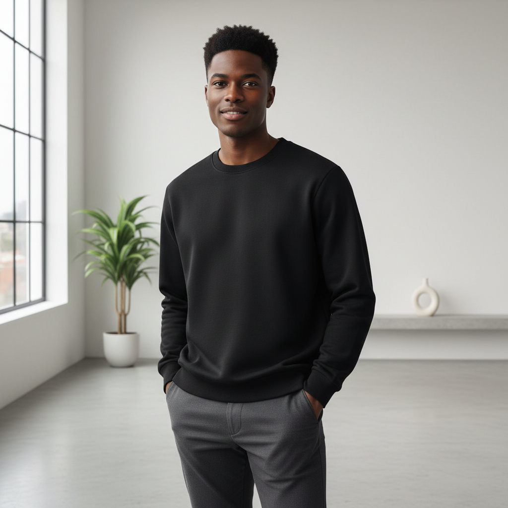 Young Nigerian male model wearing plain black crew neck sweatshirt