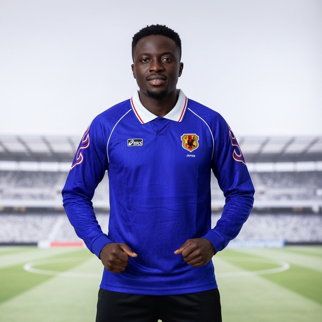 Nigerian male model wearing the royal blue long-sleeve retro football jersey in a sports studio setting