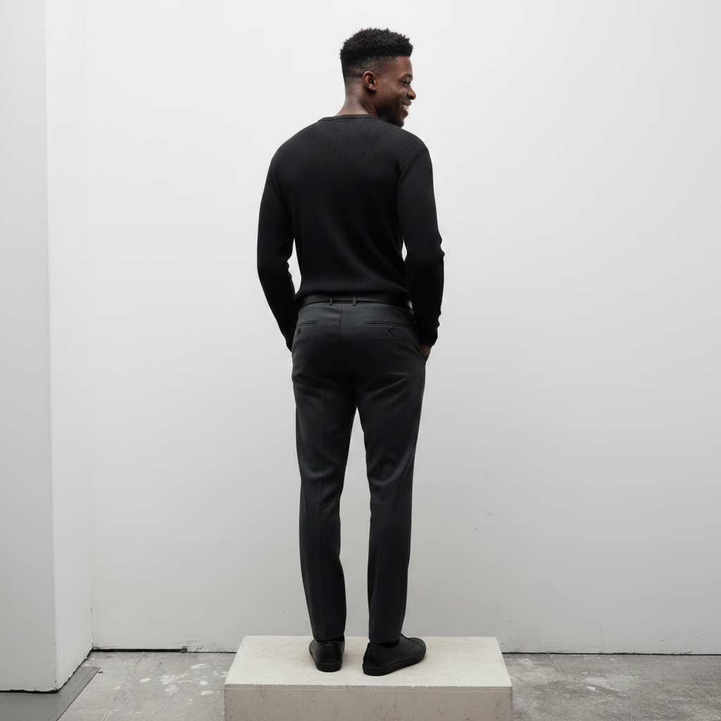 Black Ribbed Henley Long-Sleeve Shirt - Model Back