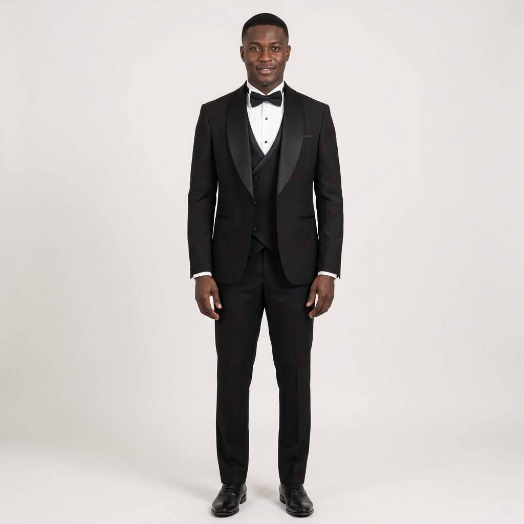 Full-body Black adult model wearing a black shawl-collar formal suit