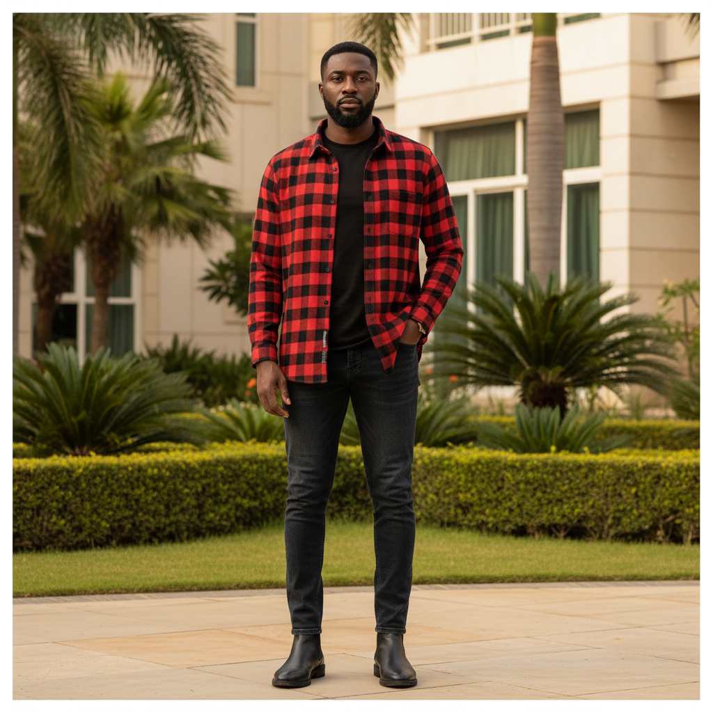 Nigerian male model wearing red and black plaid flannel shirt — front view