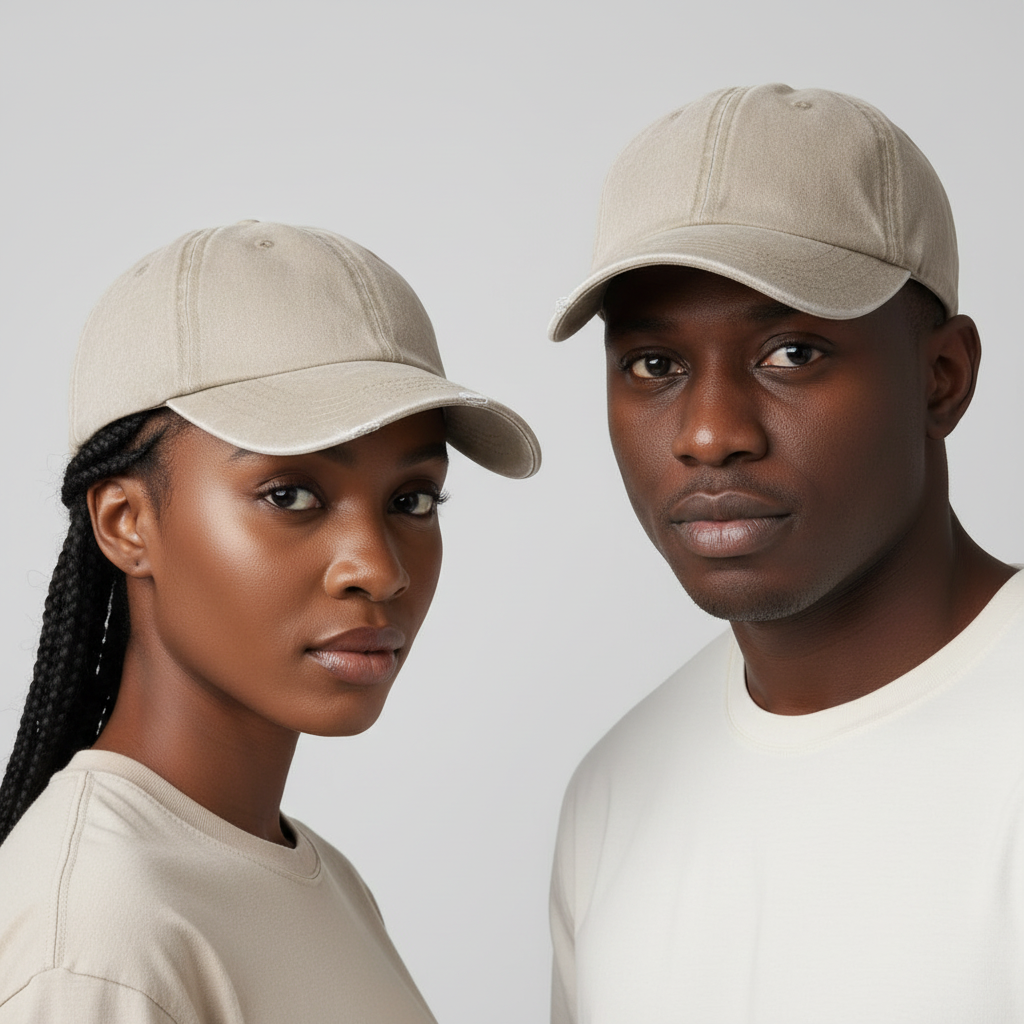 Nigerian male and female models wearing plain acid-washed beige dad cap