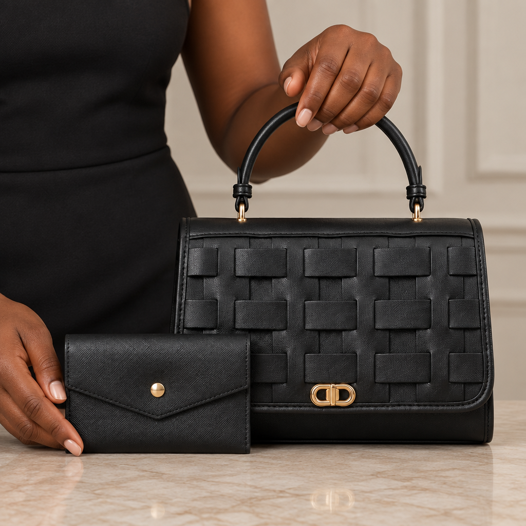 Black model hands holding a black woven-panel structured handbag with matching envelope pouch
