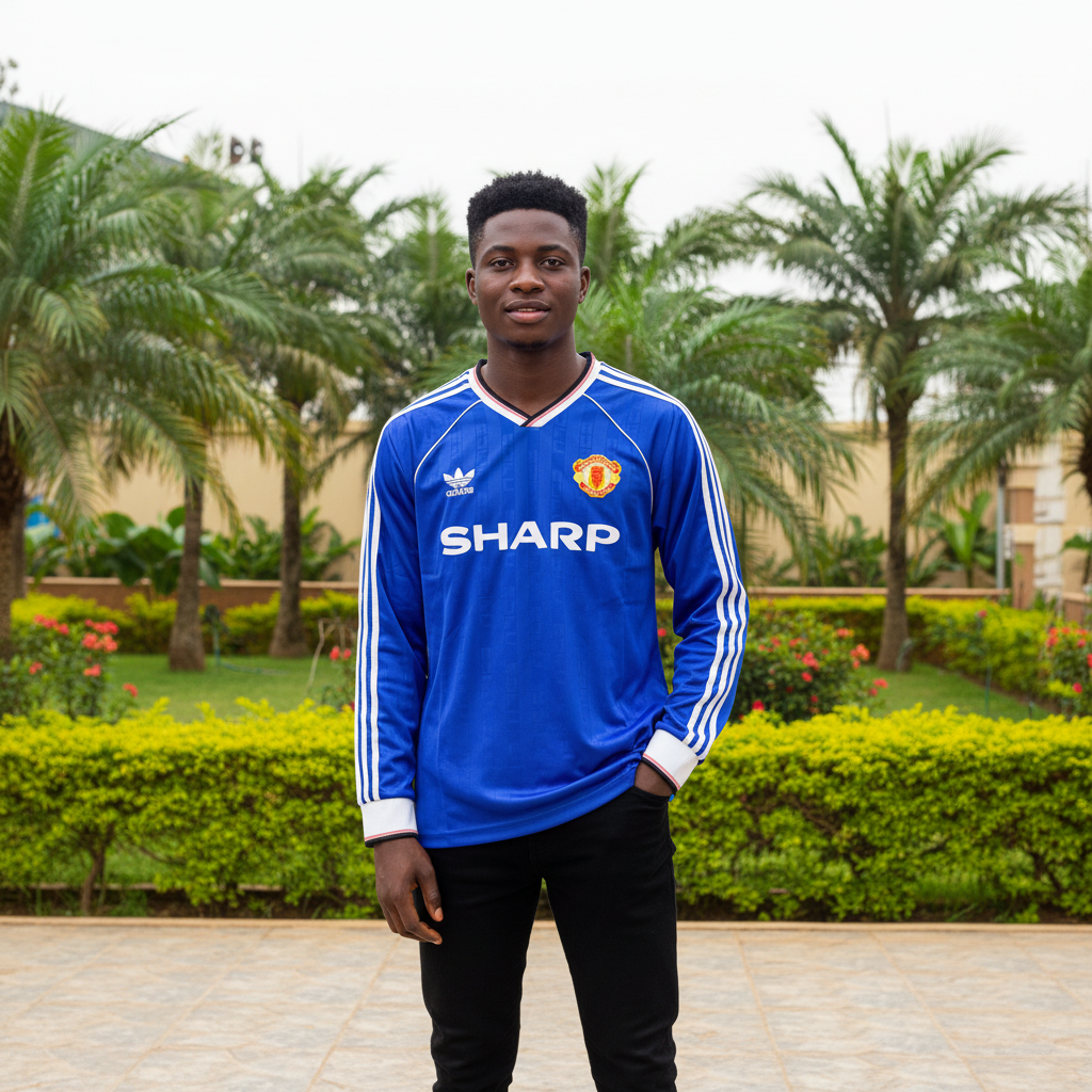 Royal blue long-sleeve retro football jersey with white three stripes — Nigerian male model front view